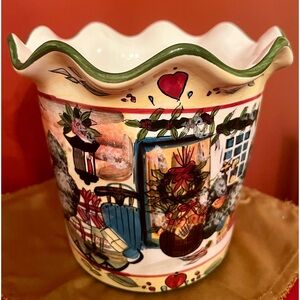 Nantucket ceramic planter. Painted holiday winter scene